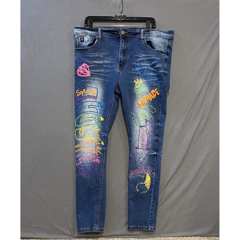 Switch Remarkable Jeans Mens *38x30 Slim Taper Fit Graffiti Streetwear Selfmade